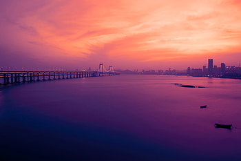 Xinghai Bridge, bridge, city, world, pink, river, lake, evening, buildings, sunset, sea, dusk, dawn HD wallpaper