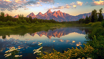 The Grand Tetons at Sunrise, Grand Teton Nation Park, Wyoming, clouds, trees, sky, snake river, mountains, usa HD wallpaper