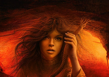The Frayed End, rope, fantasy, red, eyes, hair, beauty, hand, female HD wallpaper