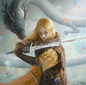 Dragon girl, art, sword, blonde, fantasy, yellow, dragon, kunlin lee, girl HD wallpaper