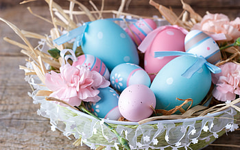Happy Easter!, blue, egg, basket, pink, flower, easter, card HD wallpaper