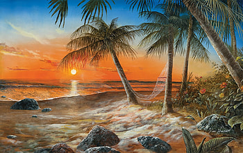 Dreams of Paradise, sea, palms, tropical, hammock, beach, artwork, painting, sun, sunset HD wallpaper