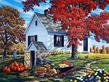 Garden Harvest, pumpkins, painting, house, fall, trees, colors, flowers, fruits, scarecrow HD wallpaper