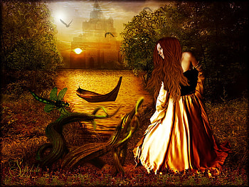 Autumn fairy, boat, golden, fall, girl, woman, fairy, lady, fantasy, autumn, water, sun HD wallpaper