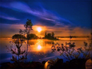 Blue and Gold, blue sky, trees, water, reflections, sunset HD wallpaper