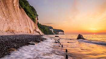 Sunset at the Ruegen island, Baltic Sea, trees, colors, germany, sky, cliff, stones HD wallpaper