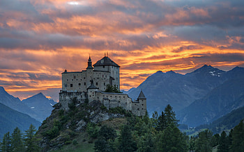 Tarasp Castle, evening, sunset, ancient castle, Alps, mountain landscape, Swiss castles, Tarasp, Switzerland HD wallpaper