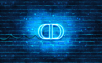 Christian Dior blue logo, , blue brickwall, Christian Dior logo, fashion brands, Christian Dior neon logo, Christian Dior HD wallpaper