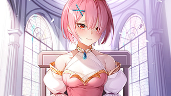 Red Eyes Short Pink Hair Anime Girl With Pink White Dress Anime Girl HD wallpaper