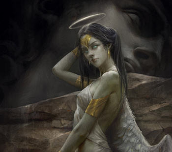 Angel, dark, golden, fantasy, art, girl, sutthiwat dechakamphu HD wallpaper