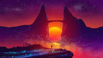 Synth Waterfall, sunset, artist, artwork, digital-art, deviantart HD wallpaper