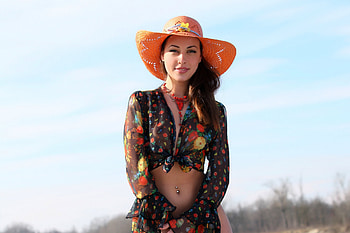 Lorena Garcia with her Orange Sunhat, outdoors, model, smile, brunette, hat HD wallpaper
