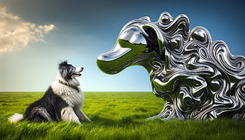 Hypnotic Sheepdog Duo, sheepdog, dog, sculpture, surreal, grassland HD wallpaper
