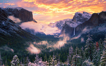 Tunnel View, Yosemite National Park, California, snow, foggy, trees, clouds, rocks, mountains, usa HD wallpaper