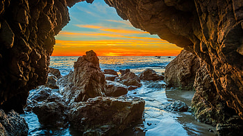 Rocks Stones On Ocean Waves Cave Blue Sky During Sunset Silhouette Background Nature HD wallpaper