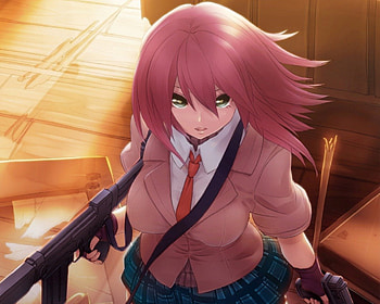 Gunslinger, sexy, pistol, hot, cute, girl, pink hair, anime girl, anime, rifle, weapon, short hair, gun, green eyes, female HD wallpaper