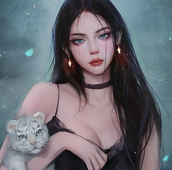 Girl with tiger cub, tiger, fantasy, art, tigru, miqi19981105, face, girl, year of the tiger, cub, earrings HD wallpaper