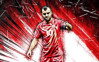 Goran Pandev, grunge art, North Macedonia National Team, soccer, footballers, red abstract rays, Macedonian football team, Goran Pandev HD wallpaper