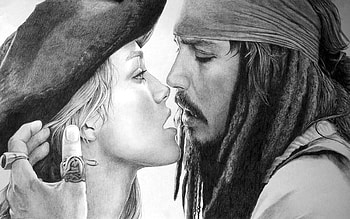 Elizabeth Swann and Jack Sparrow, black, Keira Knightley, actress, captain, movie, actor, couple, Johnny Depp, white, art, man, jack sparrow, bw, girl, hand, ing, fantasy, elizabeth swann, pirates of the caribbean, kiss, draw HD wallpaper