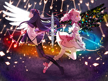 Mahou Shoujo Madoka Magica, sexy, wings, purple hair, thigh highs, hot, cute, akemi homura, beautiful, pink hair, anime girls, dress, kaname madoka, beauty, arrows HD wallpaper