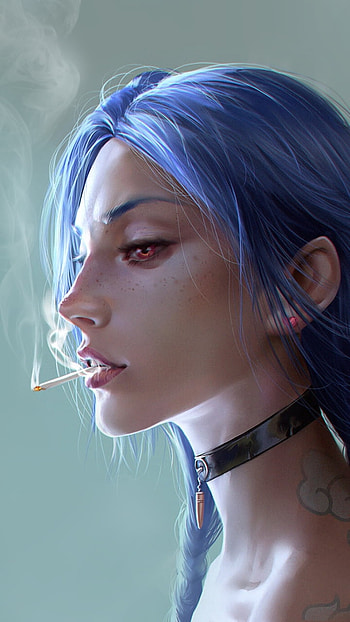 blue hair, smoking, Jinx (League Of Legends), video game, League Of Legends HD phone wallpaper