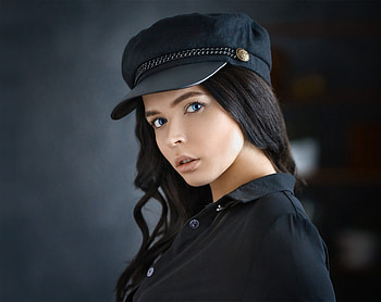 Black outfit, woman model, blue eyes HD wallpaper