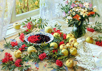 Petrov, window, art, still life, painting, flower, grape, fruit, apple HD wallpaper