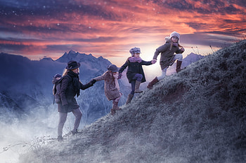 The hike, blue, children, john wilhelm, hike, orange, copil, woman, day, mother, sunset HD wallpaper
