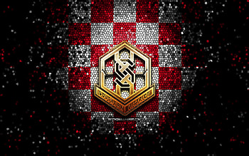 Southern District FC, glitter logo, Hong Kong Premier League, red white checkered background, soccer, Hong Kong football club, Southern District FC logo, mosaic art, Hong Kong Rangers, football HD wallpaper