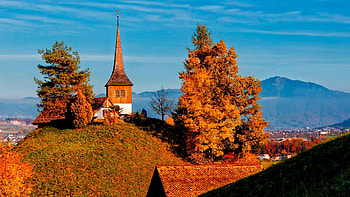 Autumn in Switzerland, church, leaves, fall, landscape, trees, colors, alps HD wallpaper