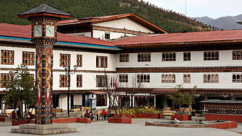 Bhutan travels, Clock tower square, Vibrant streets, Cultural hub HD wallpaper