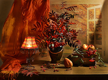 Still life, Bench, Light, Brunch, Pear, Apples, Berries HD wallpaper