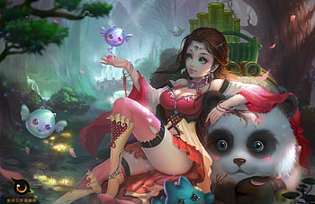 Cute girl with panda bear, frumusete, cute, girl, pink, fantasy, bear, jiangshan, luminos, panda HD wallpaper