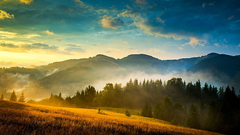 Morning Mist, hills, clouds, landscape, trees, sky HD wallpaper