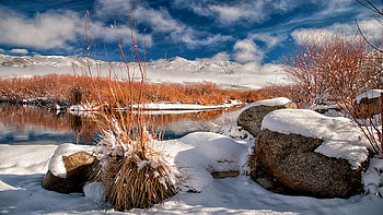First snow of the season along the Lower Owens River, Bishop, California, winter, clouds, landscape, trees, sky, rocks, usa HD wallpaper