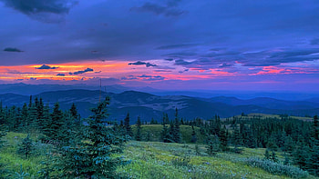 The sunset from the peak of Cox Hill, Alberta, Canada, trees, colors, sky, mountains HD wallpaper