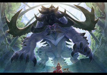 blue, ruins, trees, horrn, demon HD wallpaper
