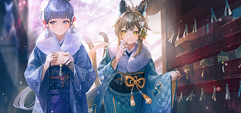 Genshin Impact : Kamisato Ayaka & Kirara in Elegant Kimonos, Kamisato Ayaka (Genshin Impact), Kirara (Genshin Impact), video game, Genshin Impact HD wallpaper