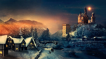 Winter Beauty, dog, stars, people, moon, snow, snowing, homes, bridge, clouds, sky, mountains HD wallpaper