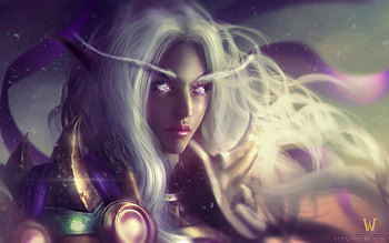 Elf, art, girl, woman, amethyst eyes, purple, pink, fantasy, wow, green, game, world of warcraft HD wallpaper