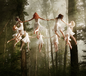 Extasis, forest, witch, white, art, dance, flying, girl, halloween, fantasy, philip hofmanner, samhain, luminos HD wallpaper