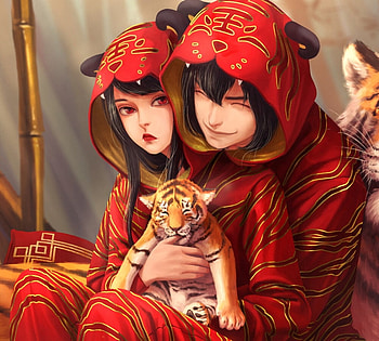 Year of the Tiger, art, tiger, cub, man, cute, chinese, girl, xiaofan zhang, zodiac, fantasy, detail, red, couple, tigru HD wallpaper