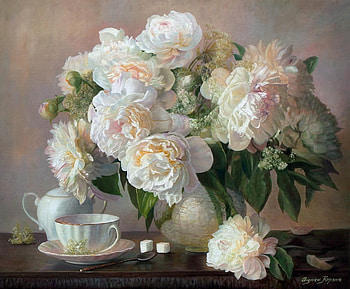 Still life, bujor, art, tea, flower, peony, cup, zbigniew kopania, painting, pictura HD wallpaper