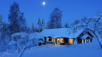Swedish Winter Night at Dalarna, moon, house, snow, scandinavia, trees, sky HD wallpaper
