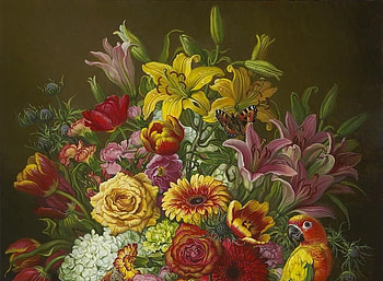 Flowers and a parrot, bird, art, yana movchan, painting, red, pictura, flower, yellow, pasari, parrot HD wallpaper