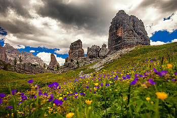 Dolomites, Italy, dolomites, grassland, meadow, Italy, beautiful, rocks, mountain, summer, wildflowers, clouds, sky HD wallpaper