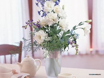 Table Freshness, bouqeut, chair, sunny, kitchen, spring, tea pot, cuts, glass, water, curtains, table, stems, dishes, window, garden, florals, cup, leaves, pretty, flowers HD wallpaper