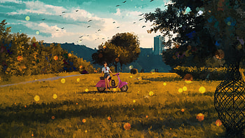 Anime School Girl With Dog And Scooter, anime, anime-girl, school, girl, dog, scooter, artwork, art, digital-art, artist, pixiv HD wallpaper