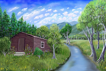 In a Peaceful Place, digital painting, landscape, trees, mountains, cabin, stream HD wallpaper