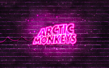 Arctic Monkeys purple logo, , british rock band, music stars, purple brickwall, Arctic Monkeys logo, Arctic Monkeys neon logo, Arctic Monkeys HD wallpaper